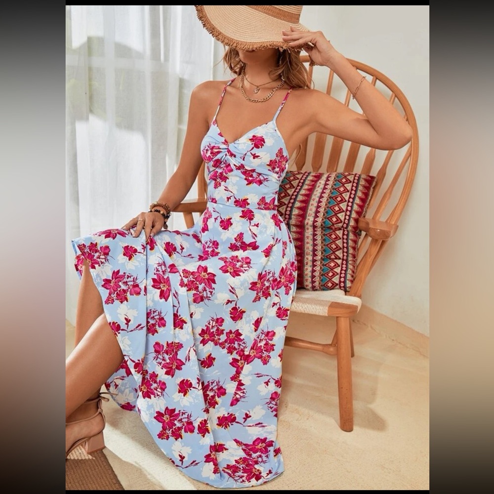 Floral print twist lace up backless cami dress